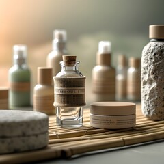 Glass bottles of perfume and cosmetic oils, alongside soap, for a spa still life of beauty, health, and aromatherapy