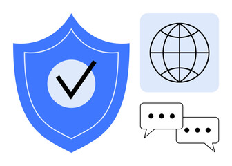 Blue shield with checkmark symbolizes security, globe for global connection, and chat bubbles reflect communication. Ideal for cyber protection, data safety, technology, networking, online