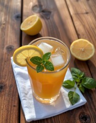 Fototapeta premium Refreshing lemon iced tea kitchen table beverage photography natural lighting close-up summer vibes