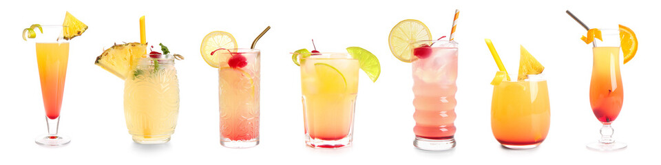 Set of tasty Mai Tai cocktail on white background
