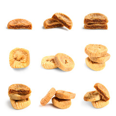 Set of sweet dried figs on white background