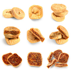 Set of sweet dried figs on white background