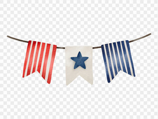 Watercolor USA themed bunting with stars and stripes, ideal for American Independence Day celebrations. vector.