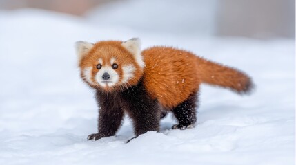 Adorable red panda standing on plain white background with striking reddish-brown fur, white cheeks, dark legs, large round dark-blue eyes, and bushy tail.