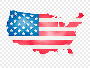 Watercolor map of the United States with American flag overlay, great for patriotic design projects. vector.