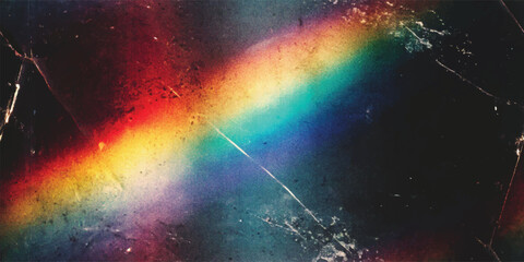 Vector seamless pattern, Crystal rainbow light leaks photo overlay background with lens flare effect, scratches dust dirty film grain texture with heavy noise, grunge texture, distressed damaged film
