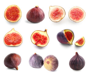 Set of fresh juicy figs on white background