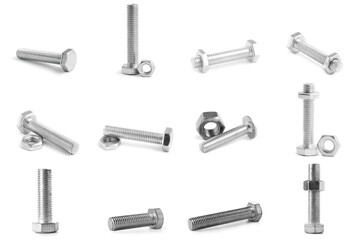 Collage of tap bolts with nut on white background