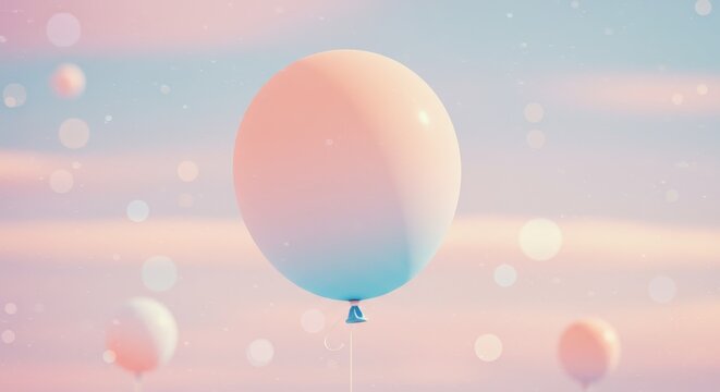 Photo of multiple pastelcolored balloons float in a soft pink and blue sky, creating a dreamy and festive atmosphere - Powered by Adobe
