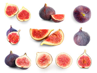 Set of fresh juicy figs on white background