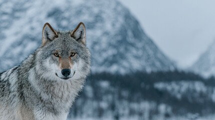 Gray wolf in snowy mountain landscape.