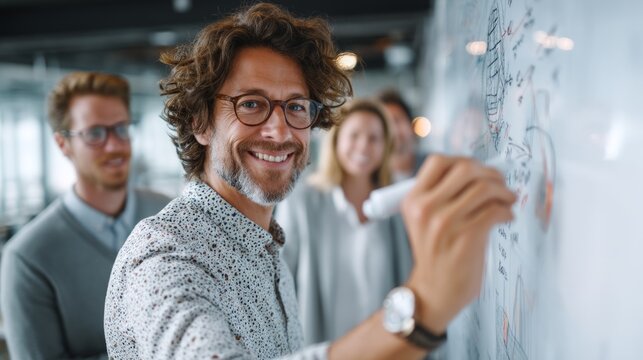 Smiling businessman writing on whiteboard during team brainstorming session