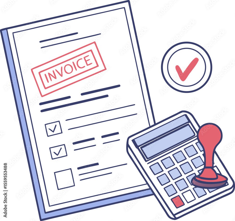 Poster an approved invoice document with a red stamp and checkmarks accompanied by a calculator and a verif