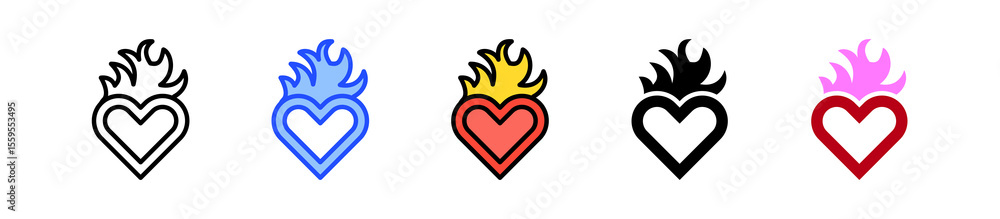 Poster heart on fire icon collection with multiple styles