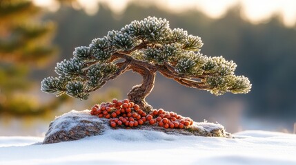 Winter bonsai with frost and berries