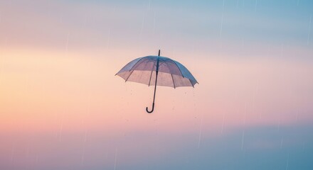 Serene Transparent Umbrella Floating in Pastel Rain, Dreamy Soft Light, Peaceful Mood, Minimalist Design, Hopeful Concept.