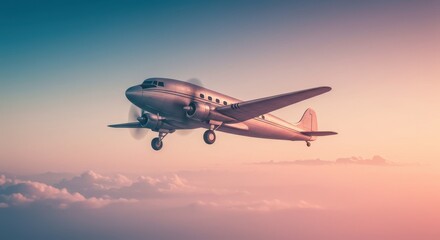 Fototapeta premium Vintage Airplane in Flight: Retro Style, Sunset Cloudscape, Serene Mood, Aerial View, Classic Aircraft, Nostalgia, Travel, Journey, Golden Hour Light, Peaceful Atmosphere.