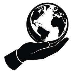 Hand holding Earth globe silhouette, symbolizing care, unity, and environmental protection, with simple clean lines on a white background, perfect for eco concepts.
