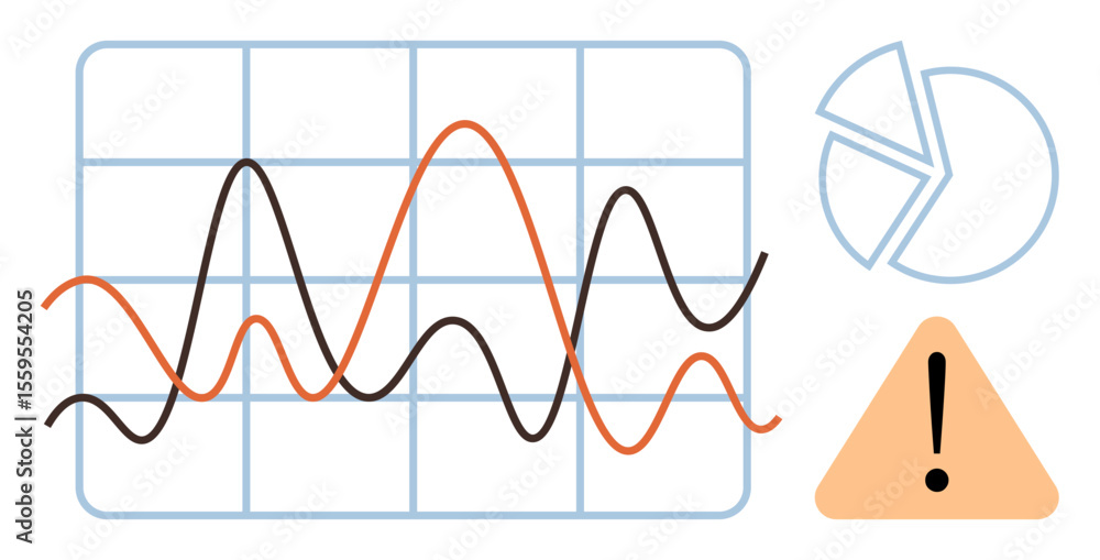 Poster line graph with rising and falling trends, pie chart, and warning exclamation inside triangle. ideal
