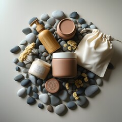 Colorful makeup accessories and brushes beside a white medicine bottle with pills and coins