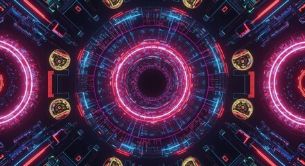 Abstract Neon Cyberpunk Tunnel: Futuristic Sci-Fi Glowing Rings, Digital Data Stream, Vivid Pink and Blue Color Palette, High-Tech Interface Background.