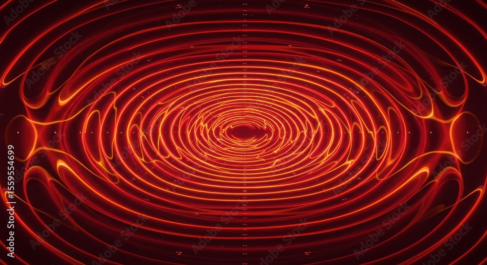Poster abstract red and orange neon light concentric circles; psychedelic, energetic, and dynamic backgroun