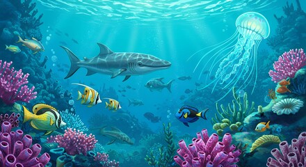 Naklejka premium Dynamic Underwater Scene with Sharks and School of Fish