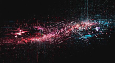 Abstract Digital Glitch Art: Red and Teal Binary Code Data Stream, Futuristic Technology Background