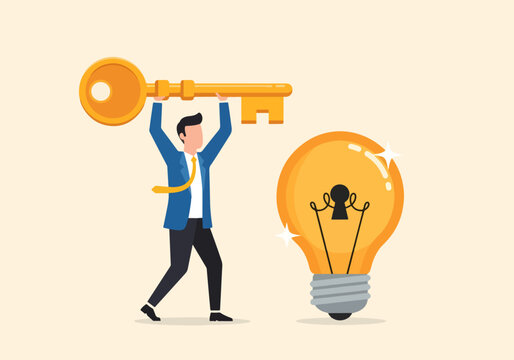 A triumphant businessman holds up a giant golden key next to a brightly shining lightbulb, symbolizing the successful discovery of the solution to a brilliant idea. Vector Illustration