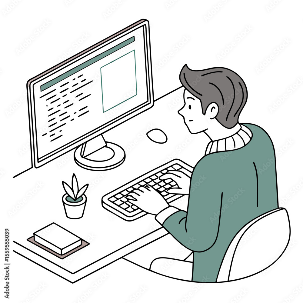 Poster a young man with gray hair and a green sweater sits at a desk typing on a keyboard in front of a com