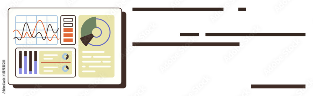 Poster digital interface with line graph, bar chart, pie chart, and data cards for analysis. ideal for busi