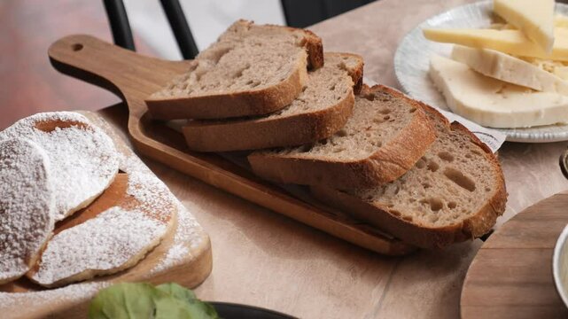 Scrumptious breakfast spread with fresh bread and cheese