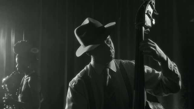 Black and white shot of old fashioned Caucasian man wearing fedora hat and playing upright bass while performing on stage in jazz club, retro vibes