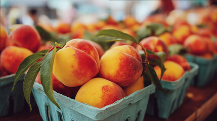 Freshly harvested peaches packed in boxes for delivery from farm showing ripe organic fruit ready for market
