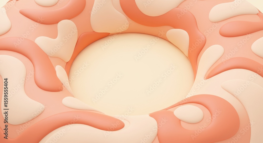 Poster abstract peach and cream donut shaped background: modern minimalist 3d render with central copy spac
