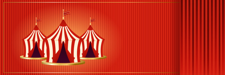 Three striped circus tent in flat style on striped red background and red curtains. Horizontal layout with space for text. Vector illustration