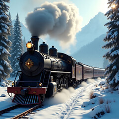 Naklejka premium Vintage Steam Train Journey Through Snowy Mountain Landscape