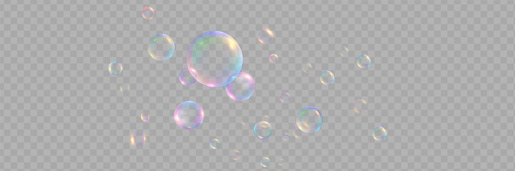 Set of realistic colorful soap bubbles. Transparent realistic soap bubbles isolated on transparent background.