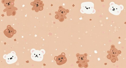 Adorable Pastel Brown and White Teddy Bear Border; Cute Cartoon Nursery Design; Gentle, Sweet, and Playful Mood; Perfect for Children's Products, Baby Shower Invitations, or Social Media.