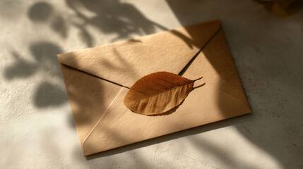 Kraft envelope with dried leaf in soft natural light with botanical shadows showing minimal eco friendly stationery design for message or invitation
