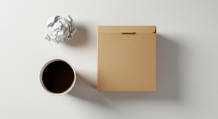 Overhead View of Brown Notebook Next to Crumpled Paper and Coffee Cup on White Surface