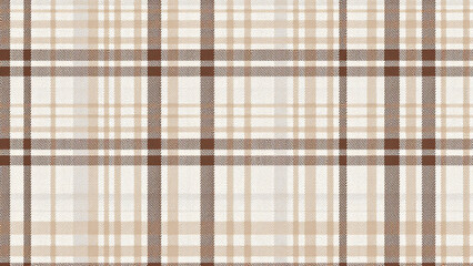 Minimalist digital plaid with prominent dark brown grid lines, filled with subtle light brown and beige rectangles. Textured resembling woven cloth, with warm neutral colors.