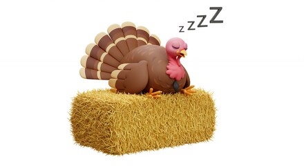 Cartoon turkey sleeping on hay bale