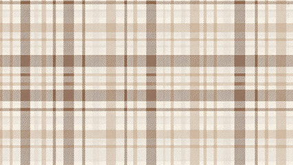 Minimalist digital plaid with prominent dark brown grid lines, filled with subtle light brown and beige rectangles. Textured resembling woven cloth, with warm neutral colors.