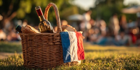 Picnic Basket with Wine Bottles and French Flag Cover in Park During Sunset