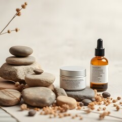 A harmonious spa still life featuring balanced black and white stones and essential oils for ultimate relaxation and wellness