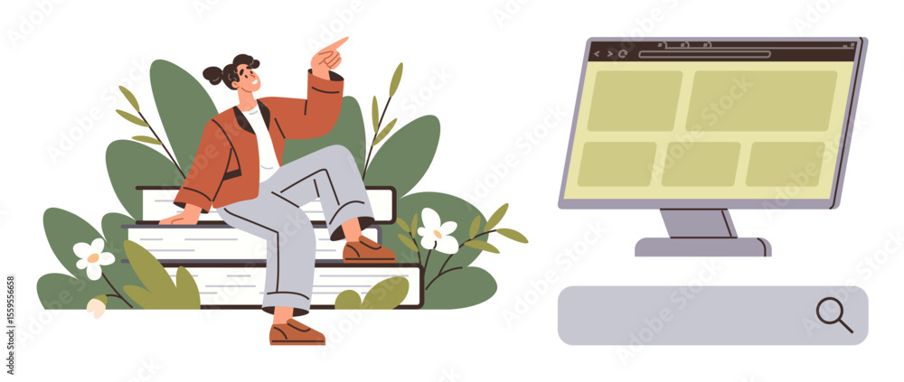 Poster woman on stacked books surrounded by plants pointing at a computer monitor with a search bar. ideal 