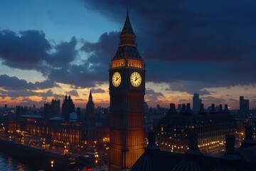 Fototapeta premium Time Lapse captures the vibrant evening sky over Big Ben and the Houses of Parliament in London, Even of Big Ben, London