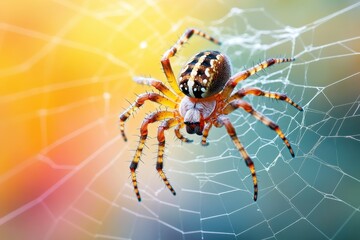 Spider patiently awaits prey on intricate cobweb in nature's vibrant backdrop, Spider on cobweb close up waiting for the future victim
