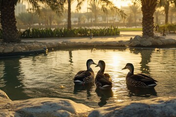 Fototapeta premium Ducks grooming themselves in a serene pond while sunlight casts reflections in Abu, Three ducks at the pond cleaning themselves in Abu Dhabi, UAE